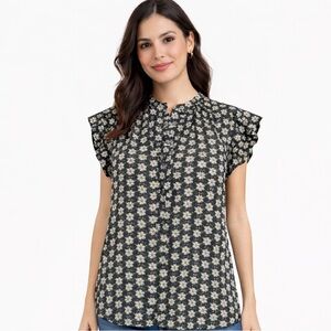 EUC Women's LOFT Floral Print Blouse Top Size XXS Green White